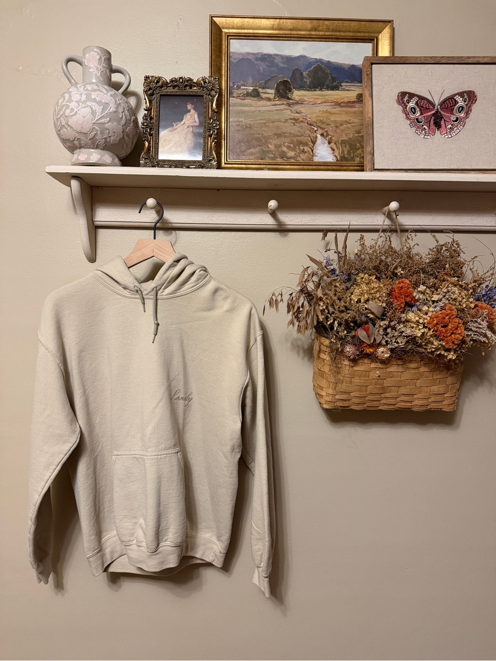 LONELY GHOST Cream Hoodie with Subtle Embroidered Logo